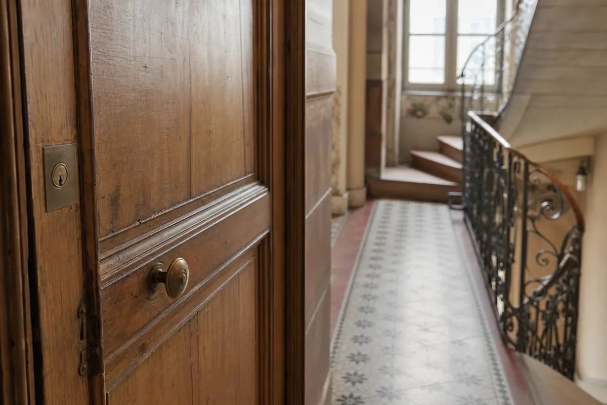 Palier d’un immeuble ancien lyonnais avec porte palière en bois et serrure apparente