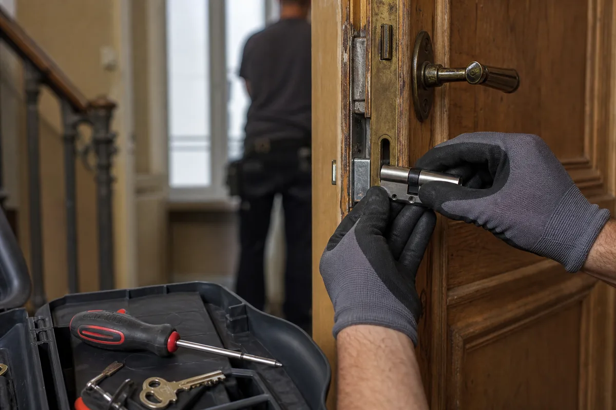 Serrurier posant un cylindre certifié sur une porte d’appartement en bois ancien
