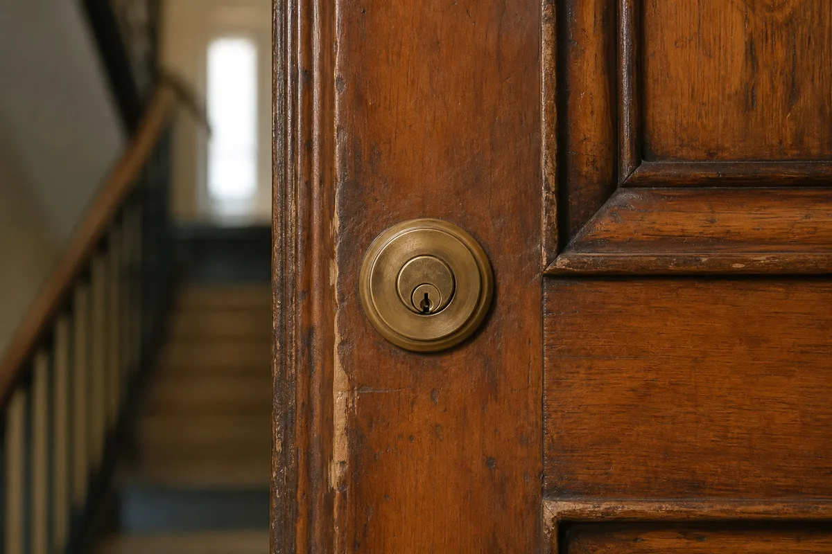 Porte palière ancienne d’un immeuble lyonnais équipée d’un cylindre de sûreté