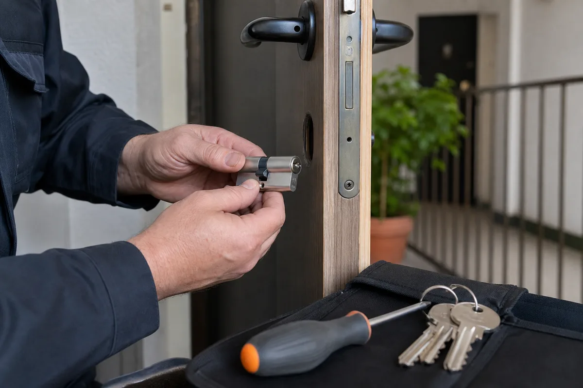 Mains d’un artisan serrurier posant un cylindre neuf sur une porte d’appartement