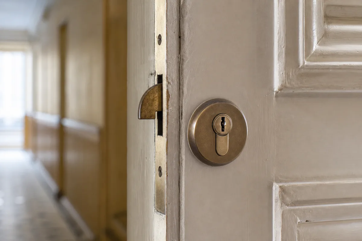 Porte d&rsquo;appartement fermée et son cylindre de serrure sur un palier d&rsquo;immeuble lyonnais