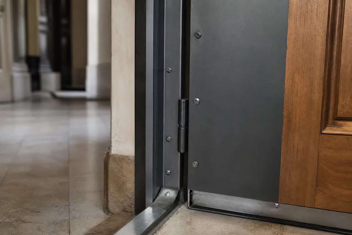 Porte palière renforcée par une plaque d’acier et ses cornières sur un palier d’immeuble lyonnais
