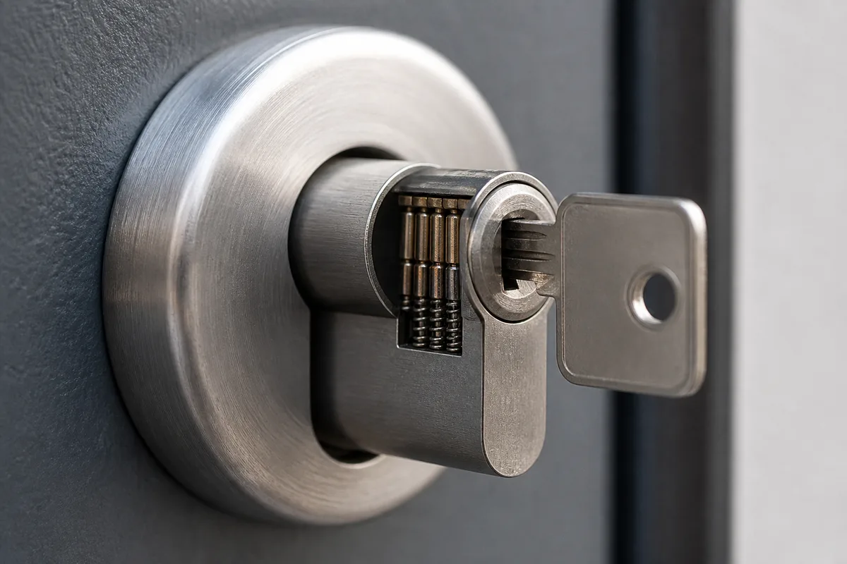 Cylindre de sécurité et clé protégée sur une porte palière d’immeuble lyonnais