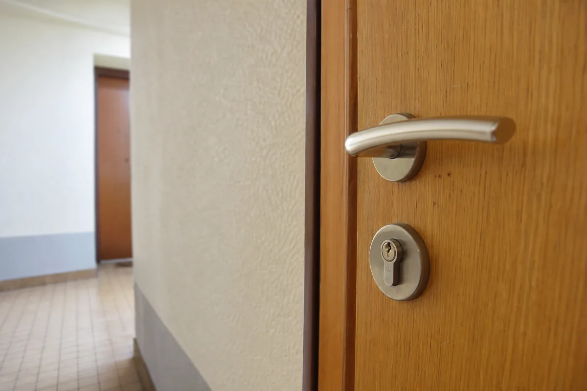 Palier d’immeuble à Bron avec porte d’appartement et cylindre de serrure vu de près