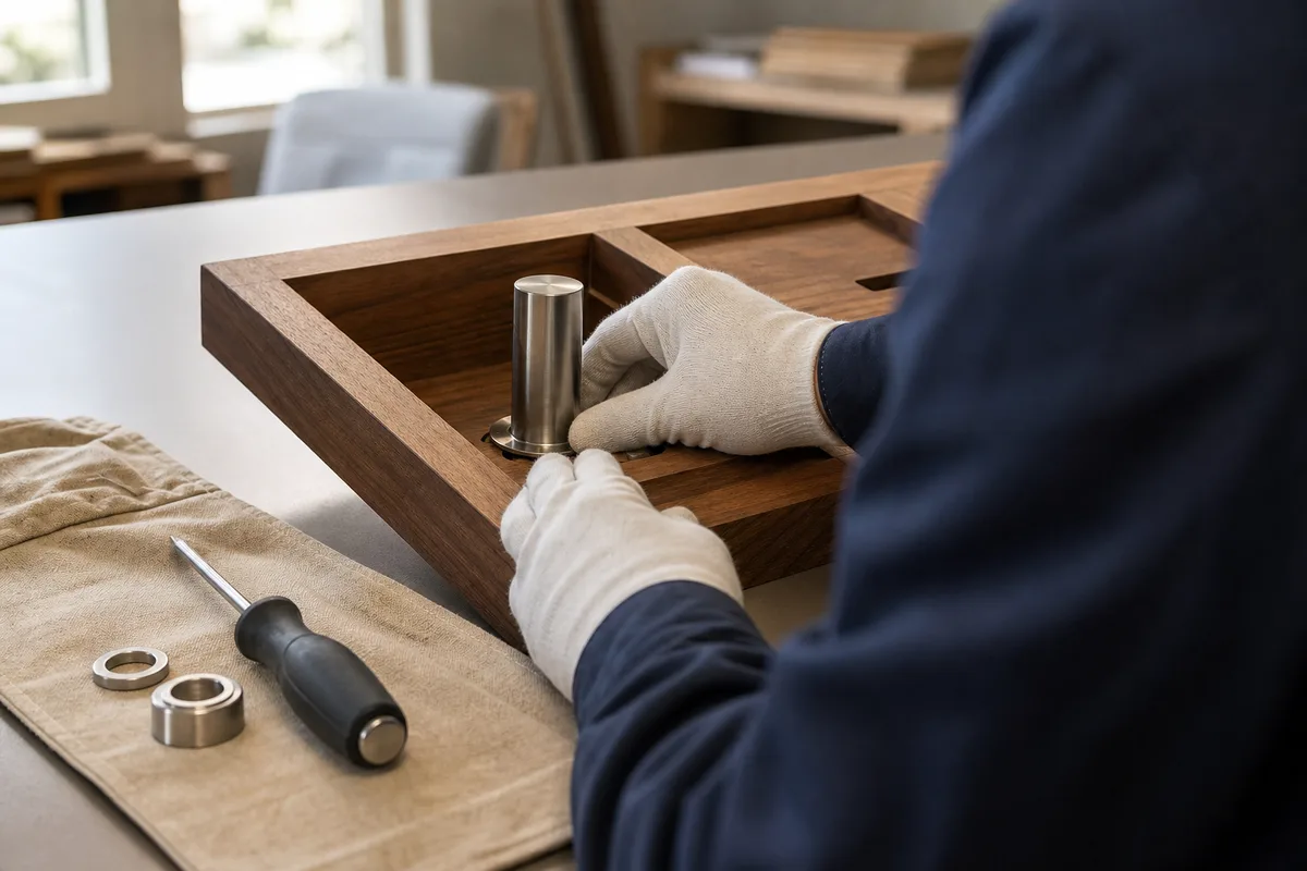 Mains d’un serrurier ajustant un cylindre sur la porte d’entrée d’un pavillon