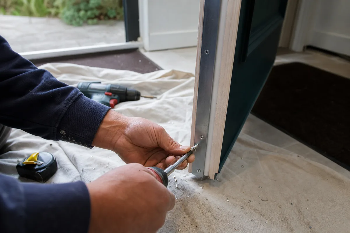 Mains d&rsquo;un artisan posant une cornière anti-pinces sur le chant d&rsquo;une porte d&rsquo;entrée