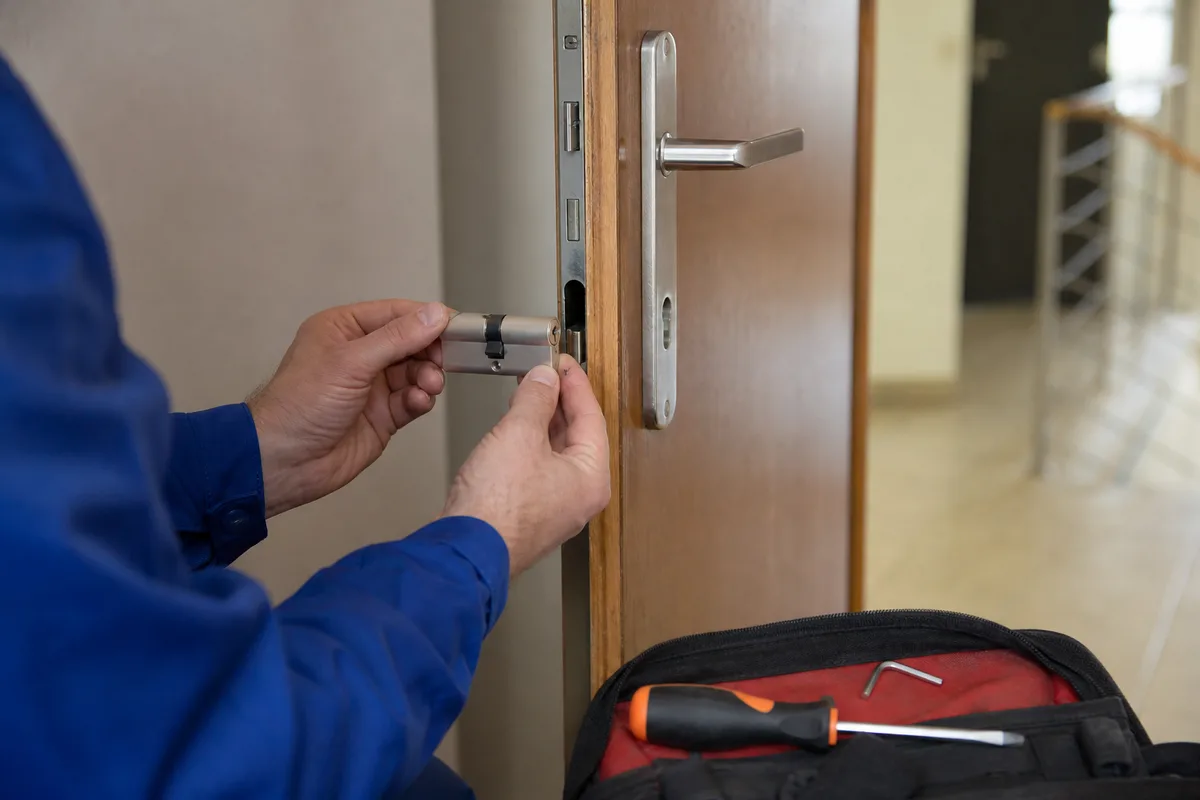 Mains d’un serrurier remplaçant un cylindre sur une porte d’appartement à Lyon