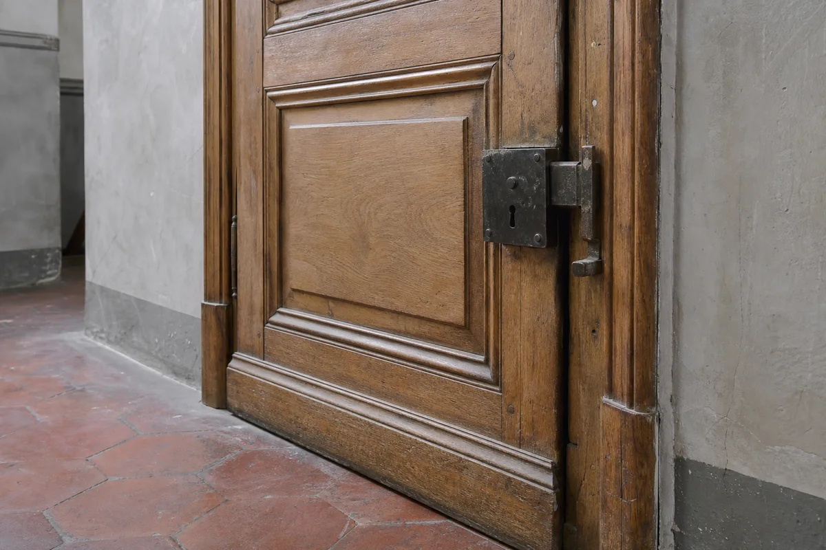 Porte palière ancienne en bois massif sur un palier d’immeuble de la Croix-Rousse à Lyon