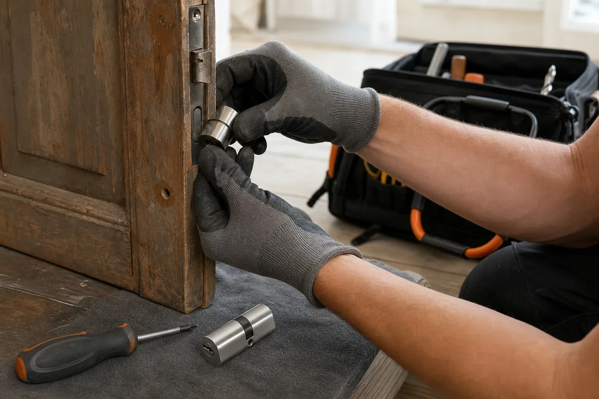 Mains d’un serrurier posant un cylindre de sécurité sur une porte d’appartement, outillage posé au sol