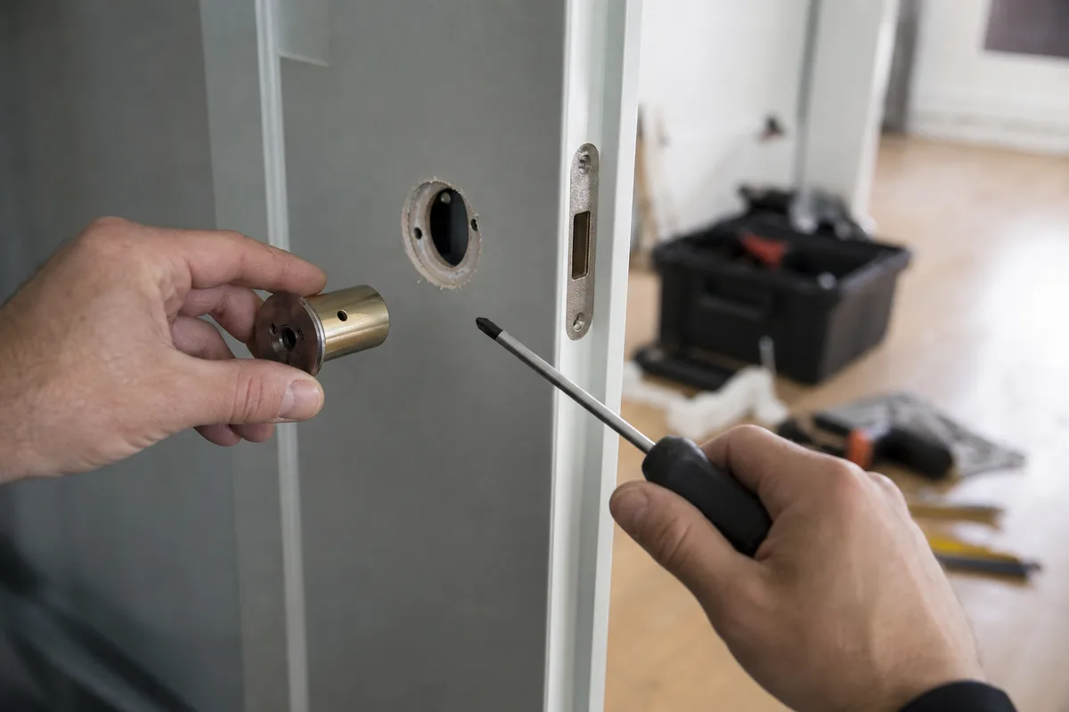 Mains d&rsquo;un serrurier remplaçant le cylindre d&rsquo;une porte d&rsquo;appartement, outillage posé au sol