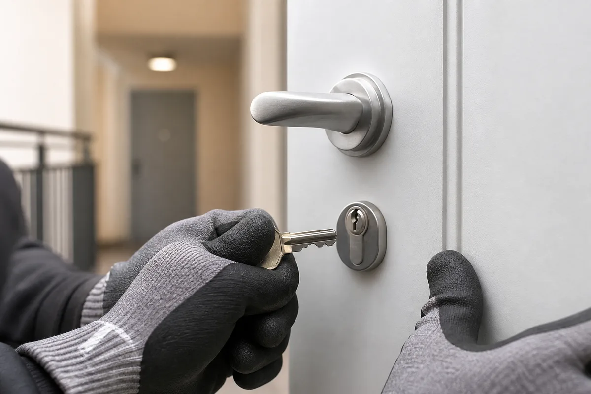 Palier d’immeuble villeurbannais avec porte d’appartement et cylindre de serrure vu de près
