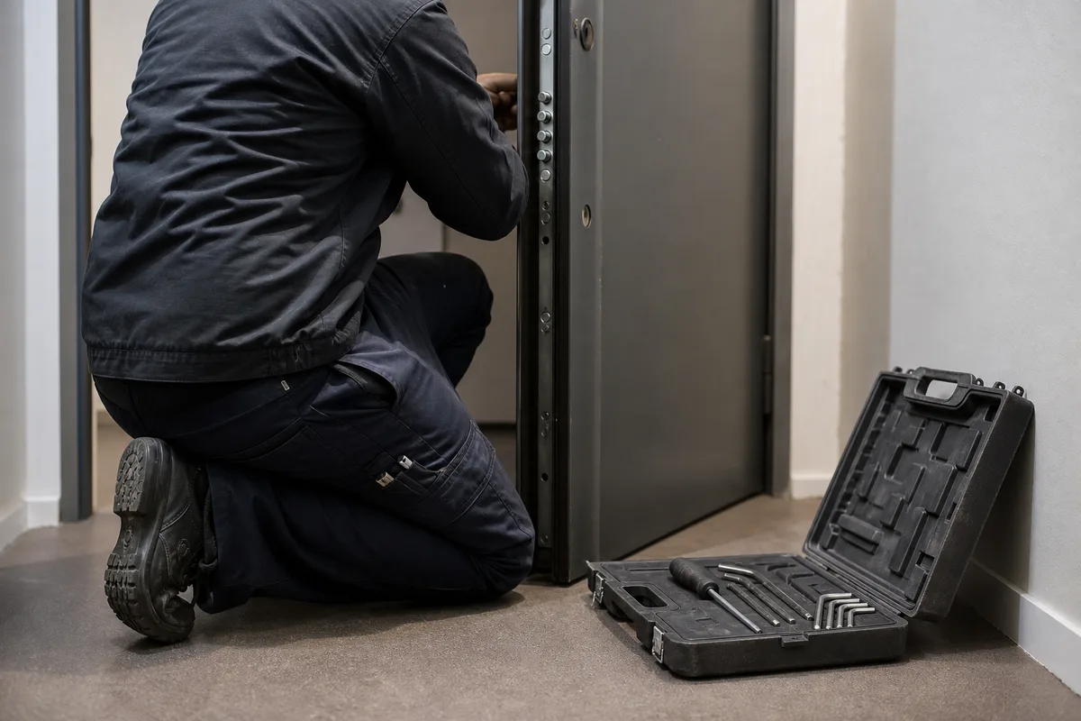 Serrurier posant un cylindre certifié sur la porte blindée d’un appartement