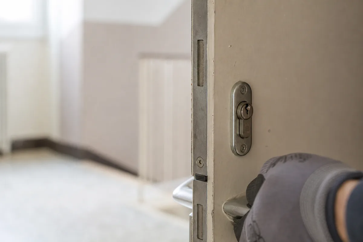Porte d’appartement et cylindre de serrure vus de près sur un palier d’immeuble lyonnais