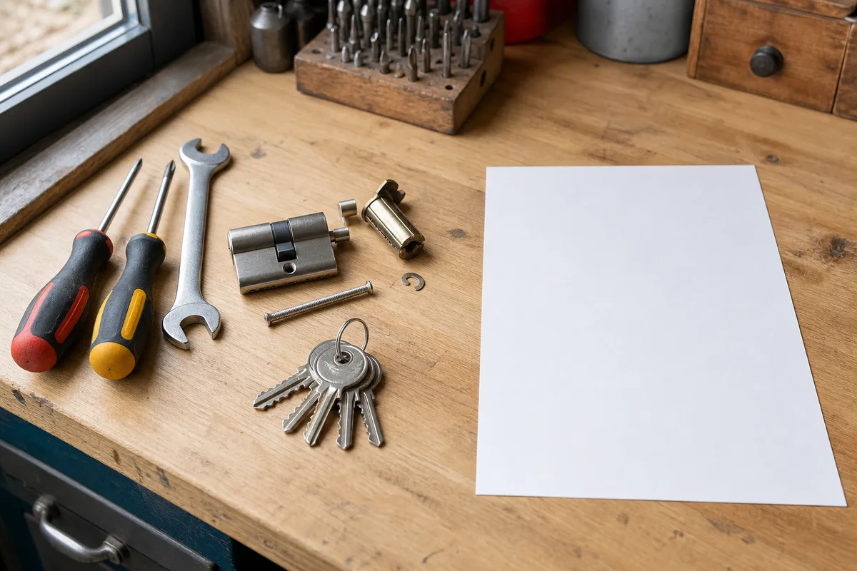 Outils de serrurier posés à côté d’un cylindre démonté et d’une facture sur une table en bois